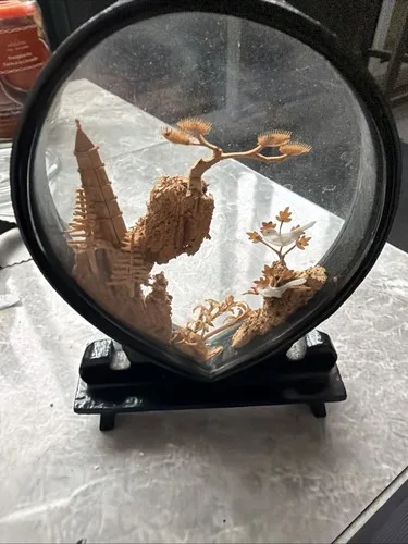 Vintage Chinese carved cork scene in glass display case thumbnail