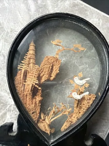 Vintage Chinese carved cork scene in glass display case image indicator(2)