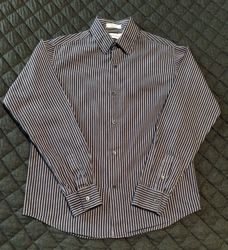 Calvin Klein Boys Slim Fit Button Dress Shirt Brown White Stripe