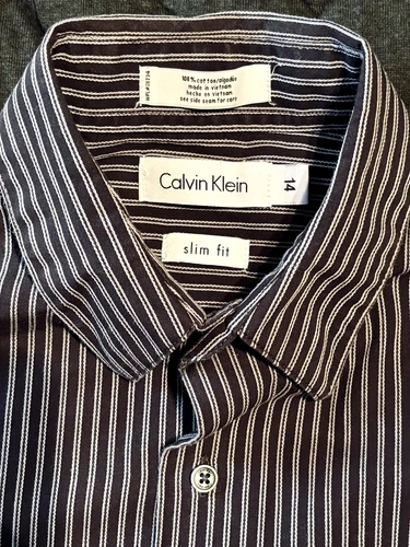 Calvin Klein Boys Slim Fit Button Dress Shirt Brown White Stripe - photo 3