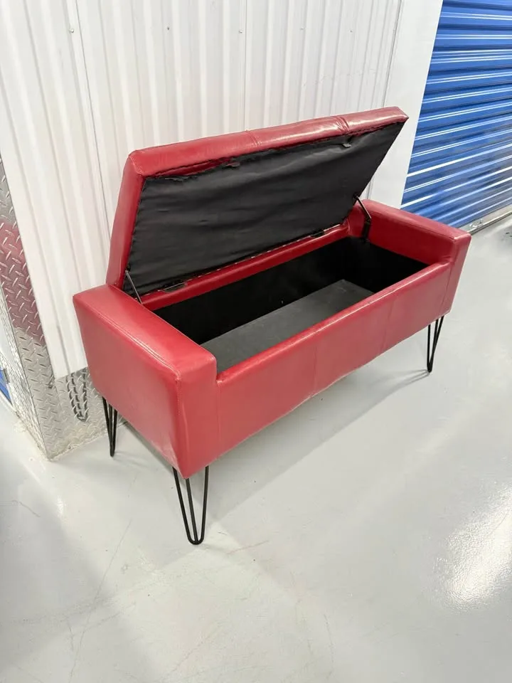 Red leather storage bench with modern black hairpin legs image indicator(2)