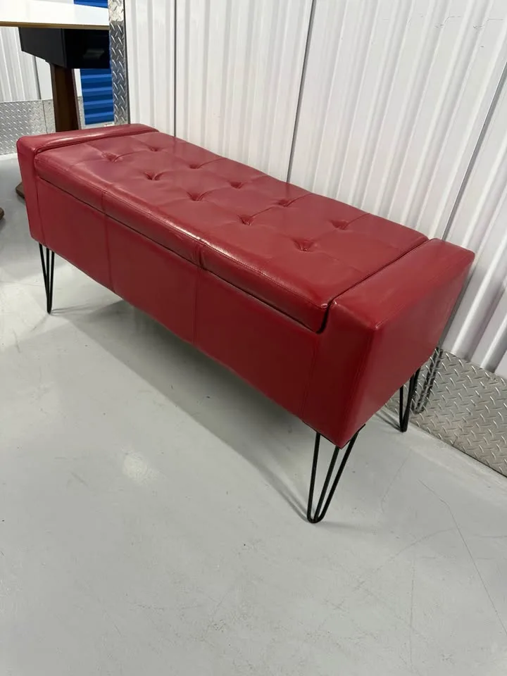 Red leather storage bench with modern black hairpin legs image indicator(3)
