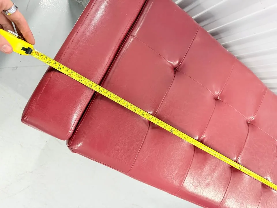 Red leather storage bench with modern black hairpin legs image indicator(4)