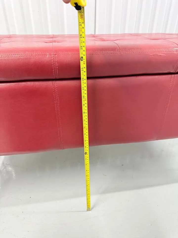 Red leather storage bench with modern black hairpin legs image indicator(6)