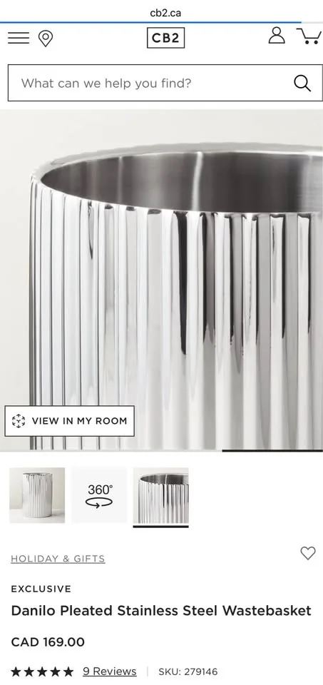 CB2 Danilo Pleated Stainless Steel Wastebasket – New with Tag image indicator(2)
