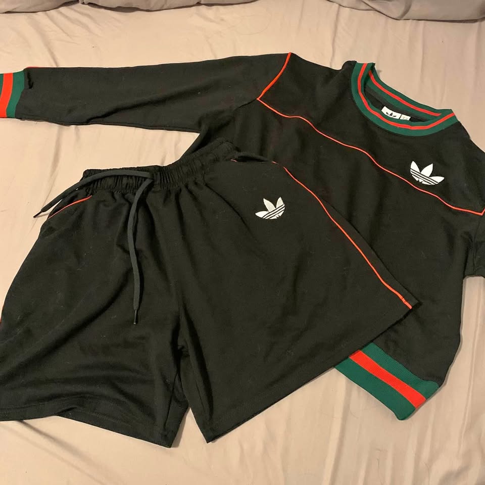 Adidas Black and Red Long Sleeve Shirt and Shorts Pants Set