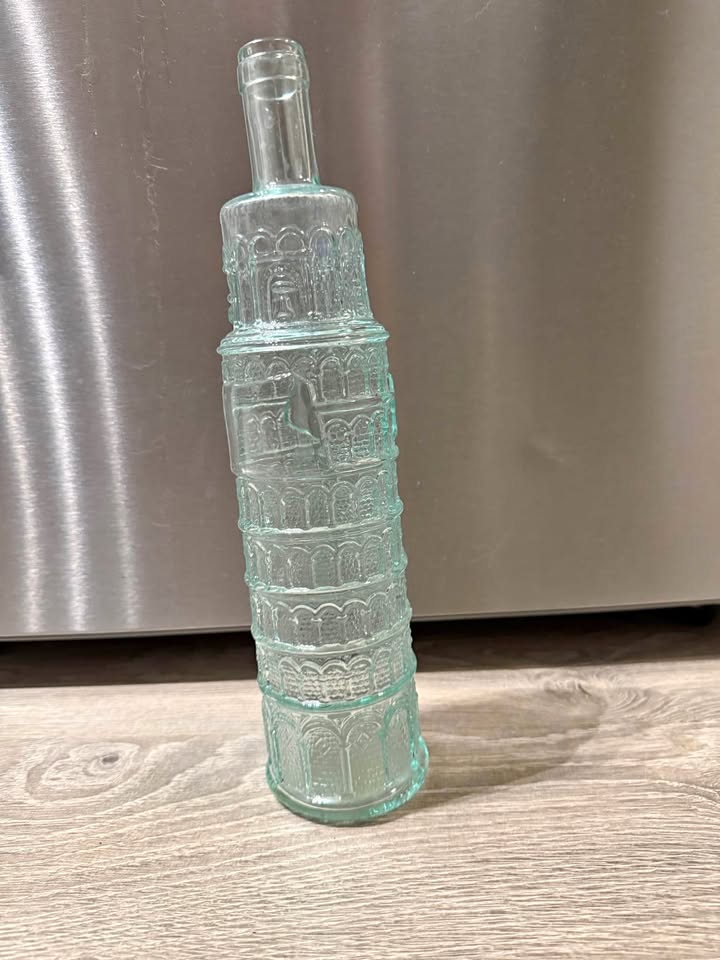 Leaning Tower of Pisa in Italy, Glass Wine Bottle, Vintage
