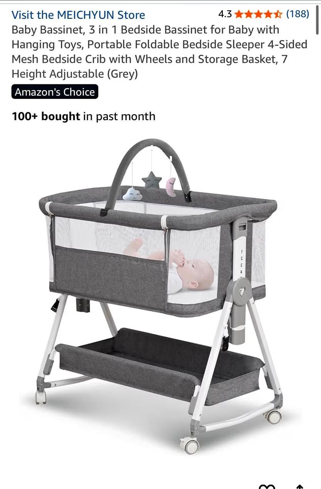 Baby Bassinet – 3-in-1 Bedside Sleeper (Grey)