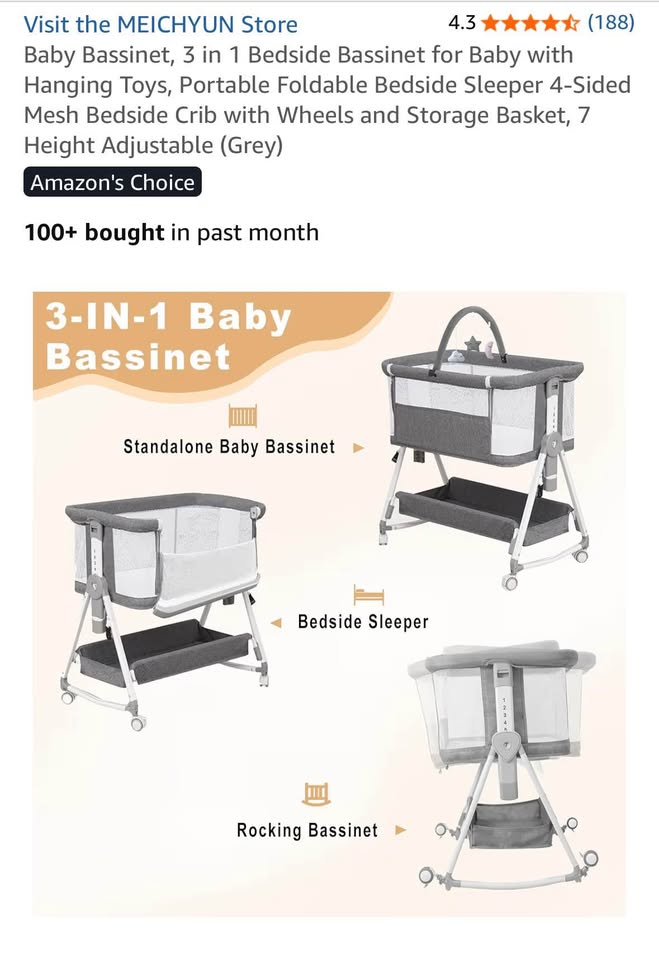 Baby Bassinet – 3-in-1 Bedside Sleeper (Grey) - photo 2