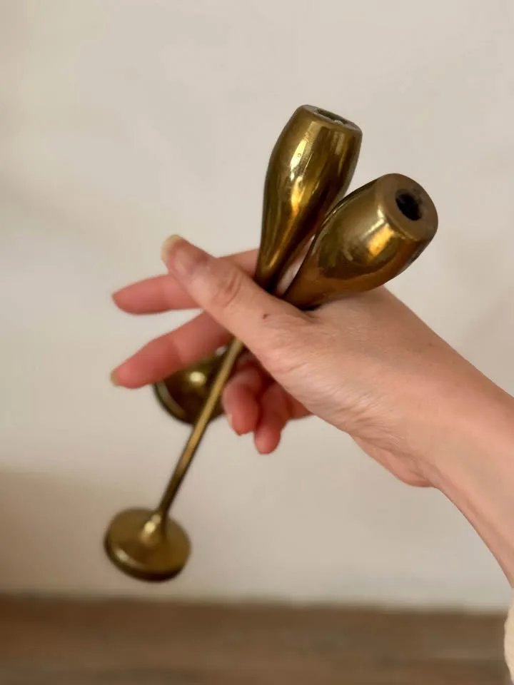 Brass MCM Teardrop Candlesticks - Vintage Taper Holders image indicator(4)