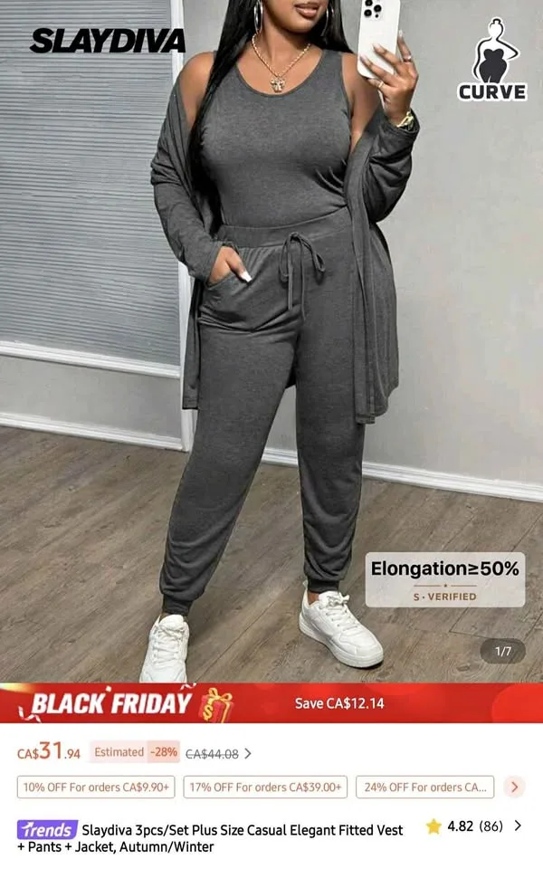 Shein 3x Slaydiva 3pcs/Set Plus Size Vest Pants Jacket