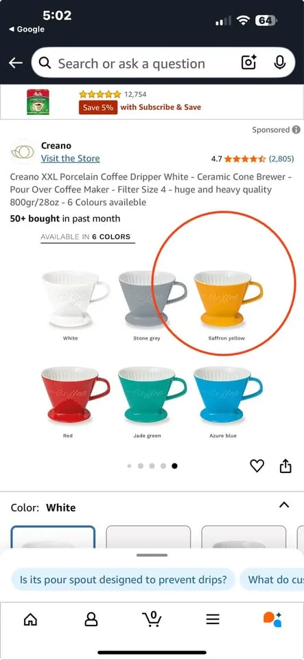 Creano XXL Coffee Dripper - Ceramic Cone Brewer - yellow image indicator(3)