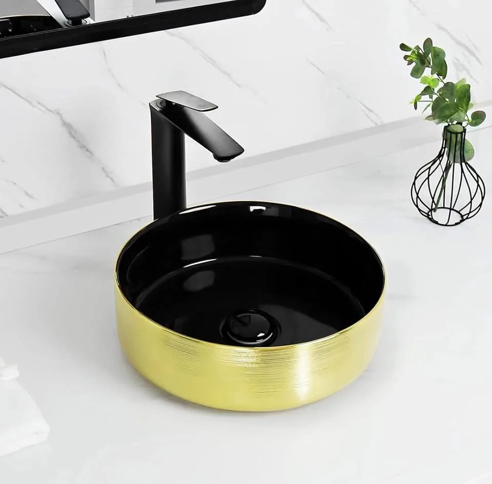 Black & Gold Round Vessel Sink w/ Drain