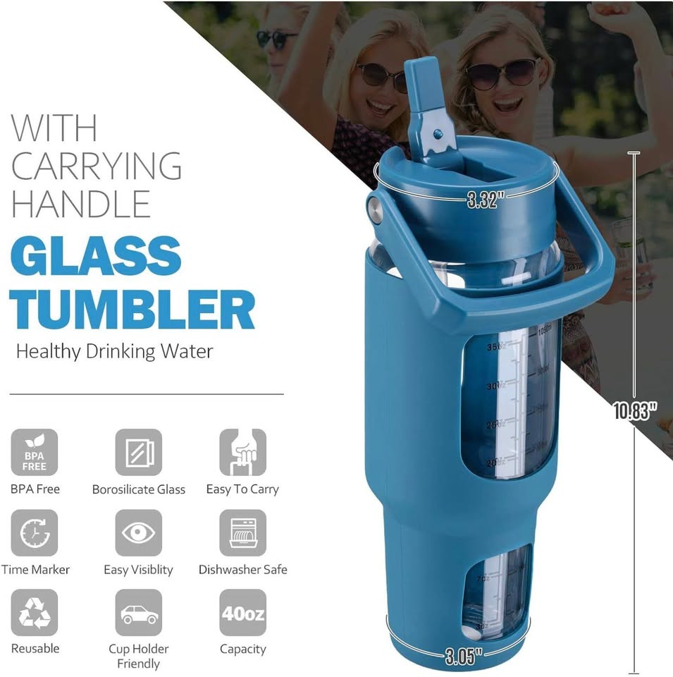 NEW Glass Tumbler with Straw Lid, LARGE Water Bottle - photo 2