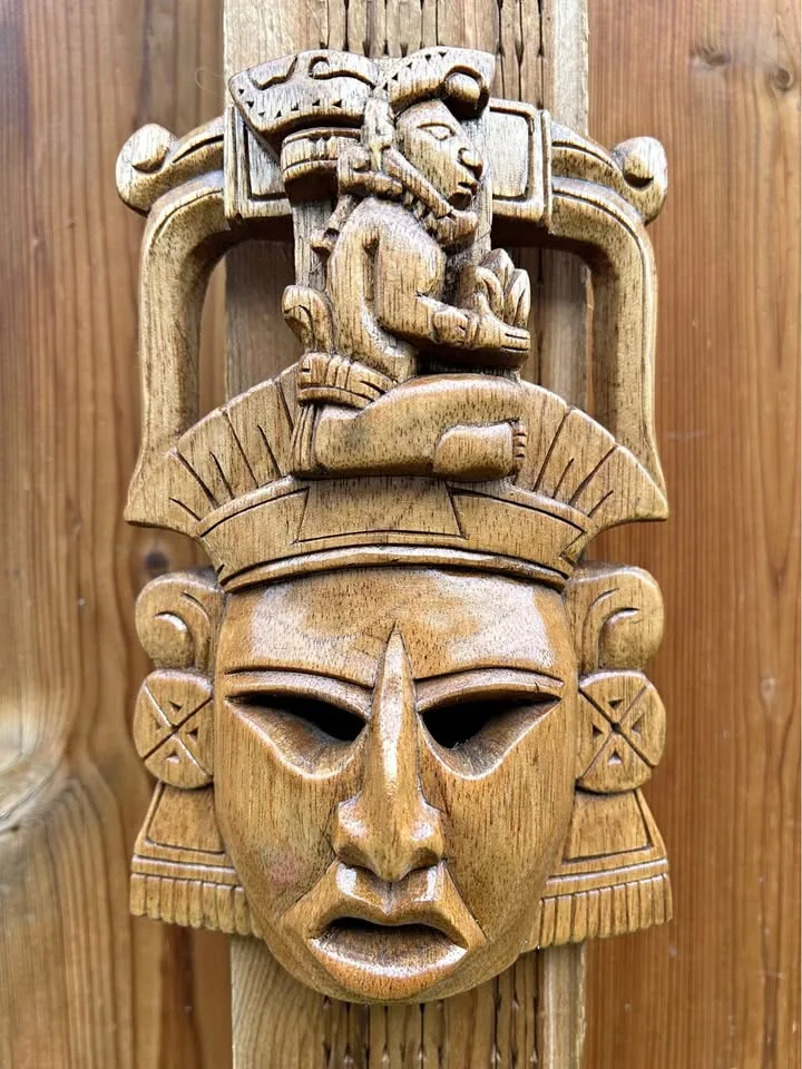 Hand-Carved Mayan-Style Wooden Small Mask – Tribal Wall Art 8”
