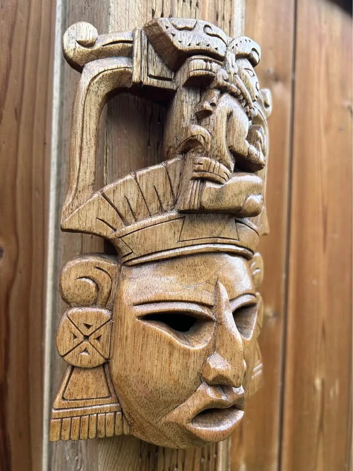 Hand-Carved Mayan-Style Wooden Small Mask – Tribal Wall Art 8” image indicator(2)