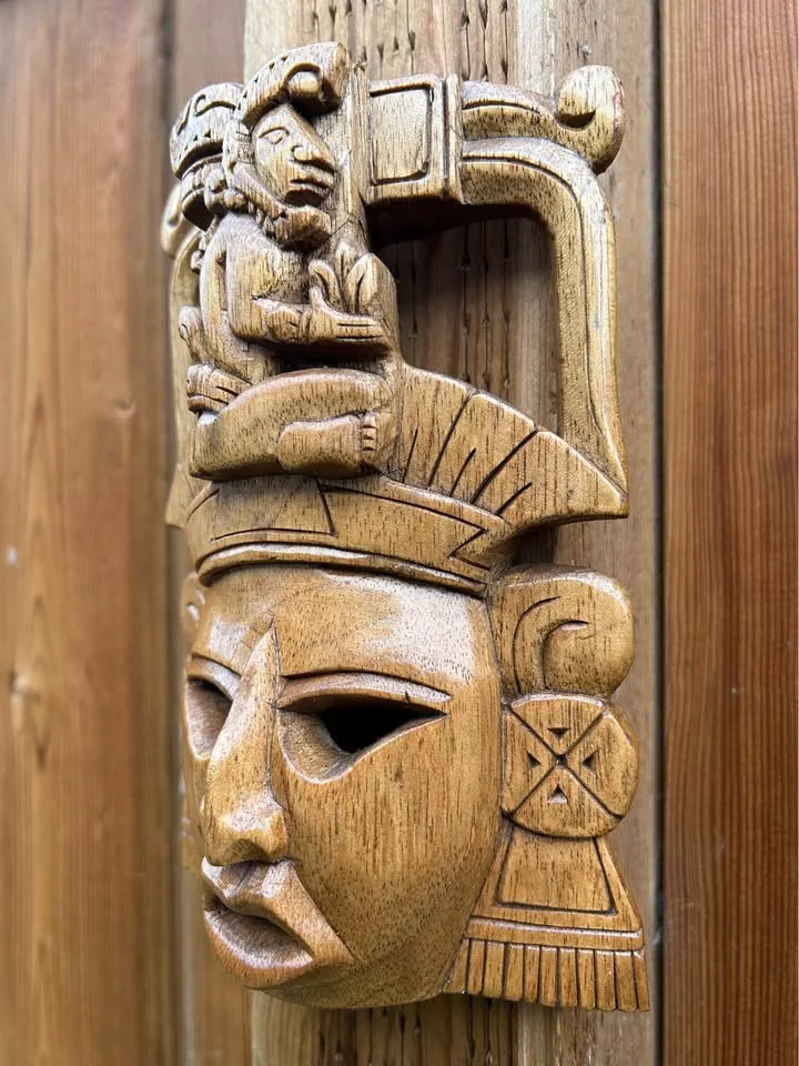Hand-Carved Mayan-Style Wooden Small Mask – Tribal Wall Art 8” image indicator(3)