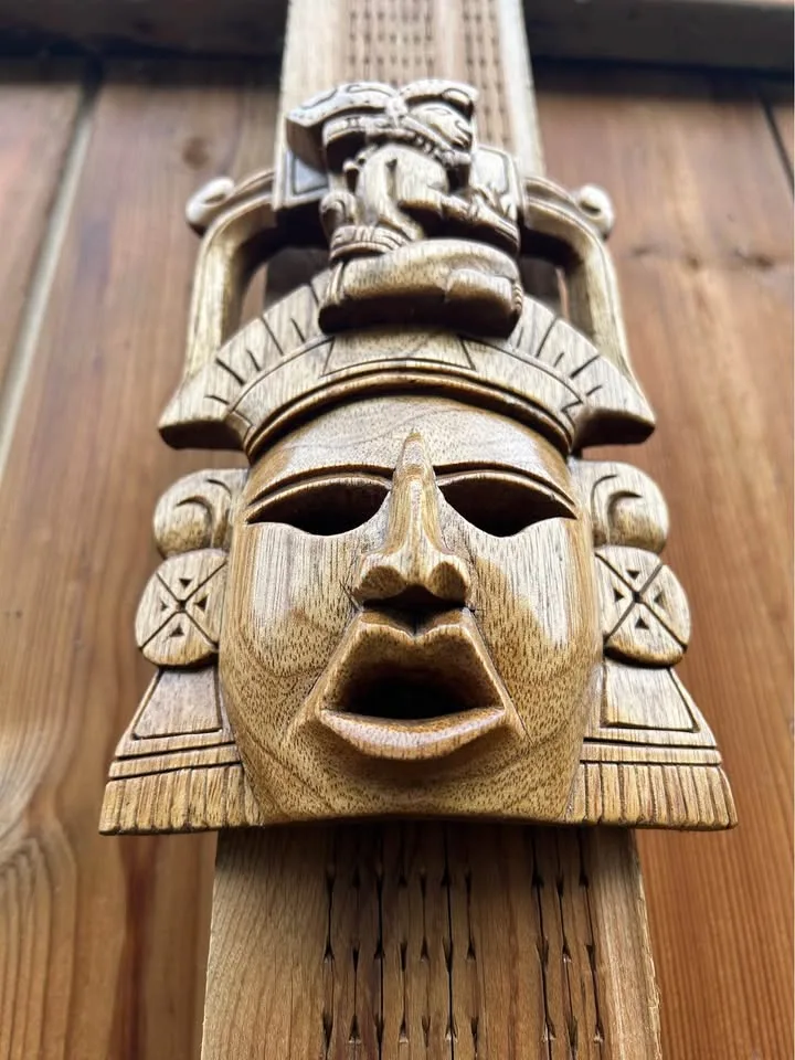 Hand-Carved Mayan-Style Wooden Small Mask – Tribal Wall Art 8” image indicator(4)