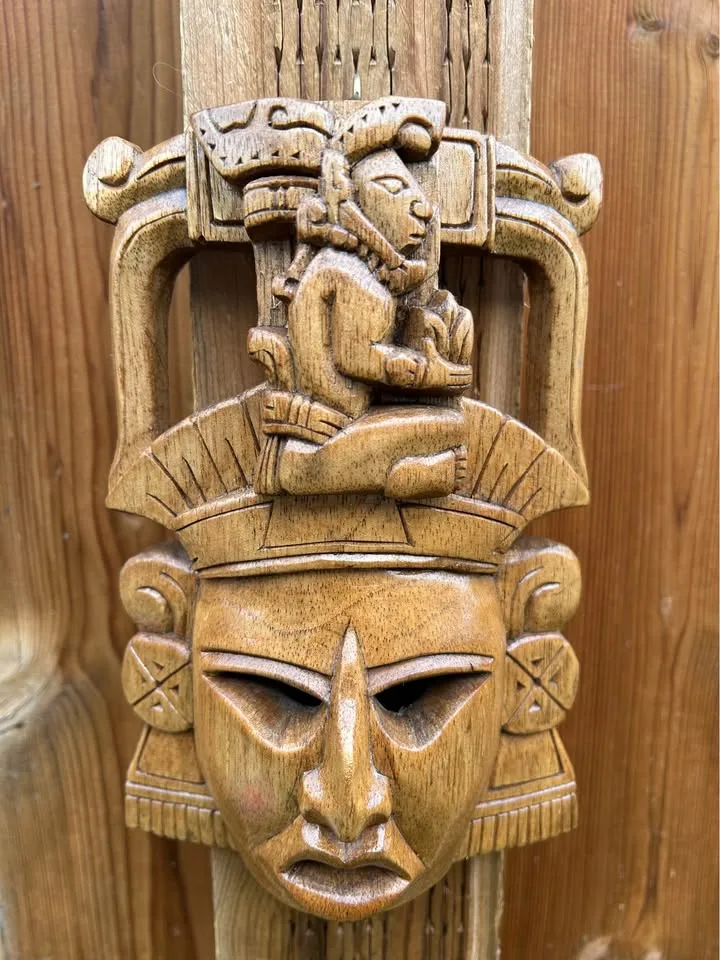 Hand-Carved Mayan-Style Wooden Small Mask – Tribal Wall Art 8” image indicator(5)