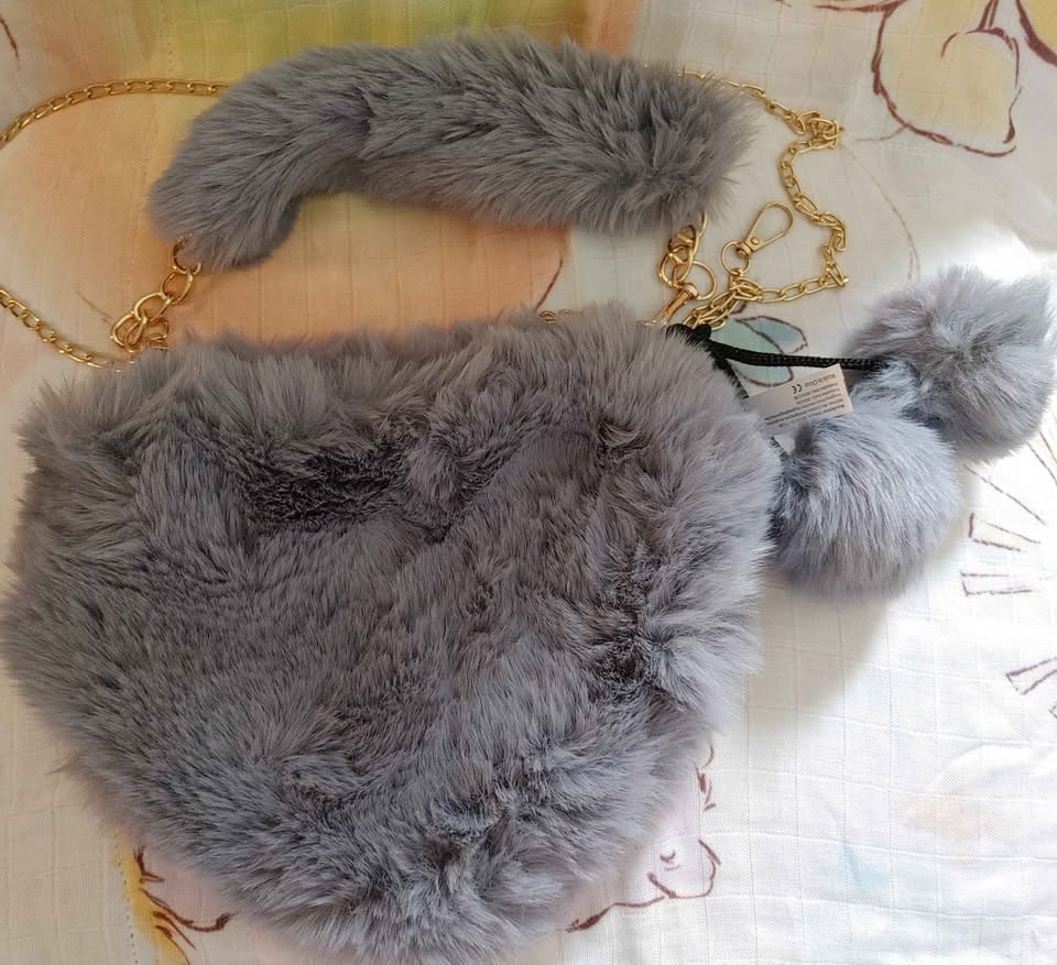 Heart-Shaped Fuzzy Grey Crossbody Purse