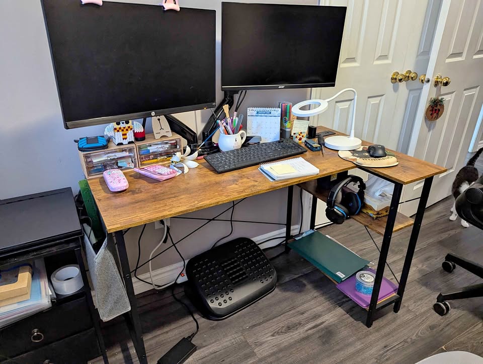 47" L-shaped desk with power outlets and reversible shelves