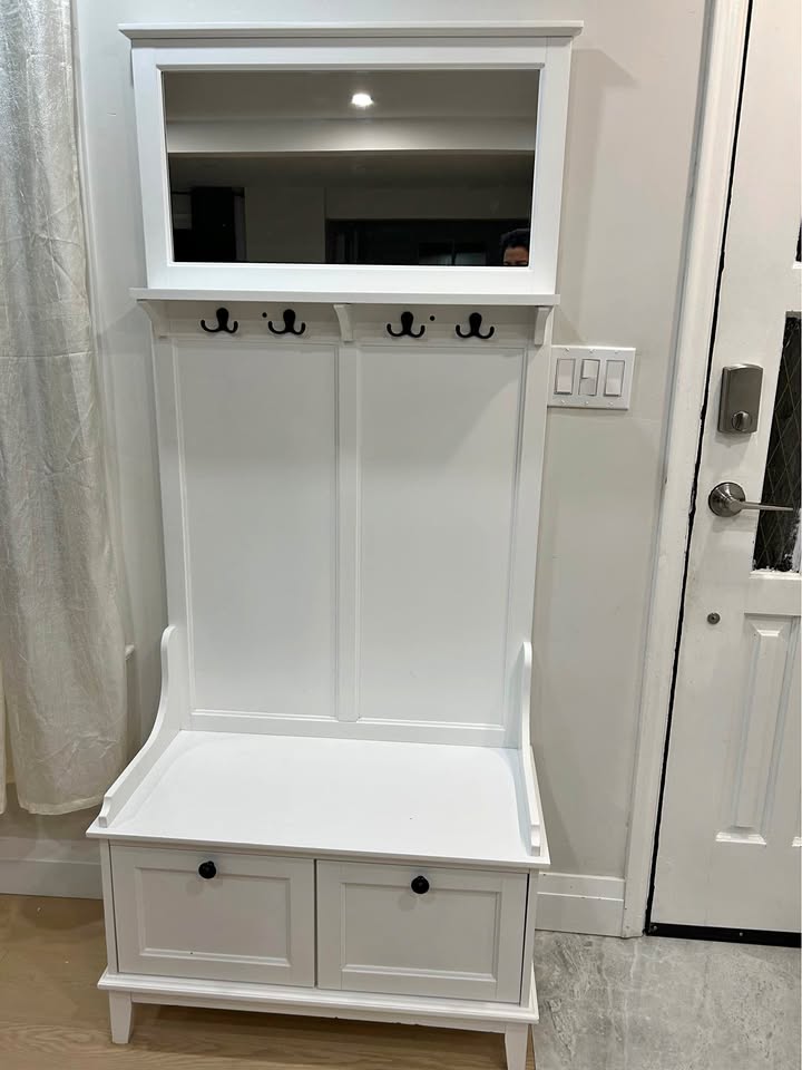 Entryway Bench and Coat Rack with 4 Hooks, 2 Drawers with mirror