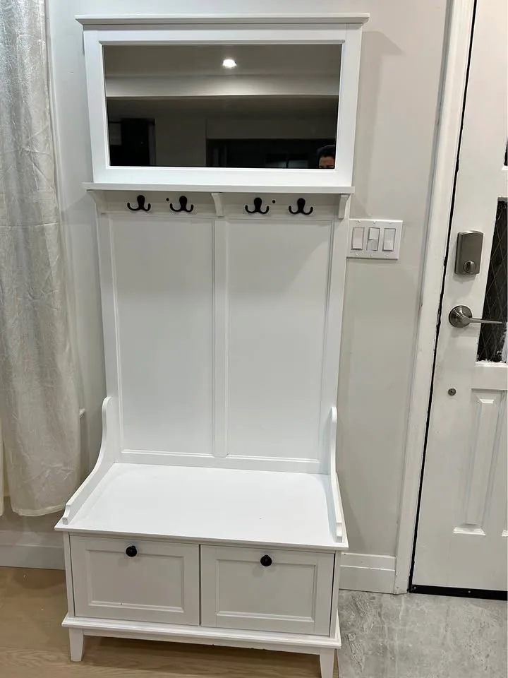 Entryway Bench and Coat Rack with 4 Hooks, 2 Drawers with mirror