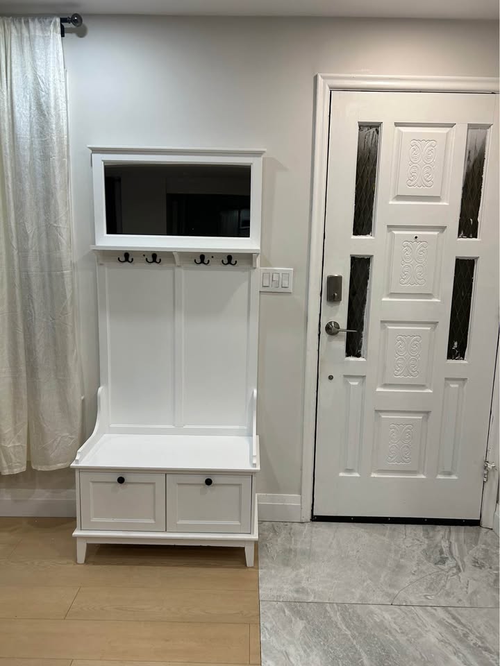 Entryway Bench and Coat Rack with 4 Hooks, 2 Drawers with mirror - photo 2