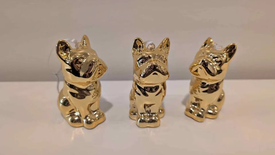 CB2 Ooh La La, Fido! Frenchie Brass Tree Ornaments [set of 3]