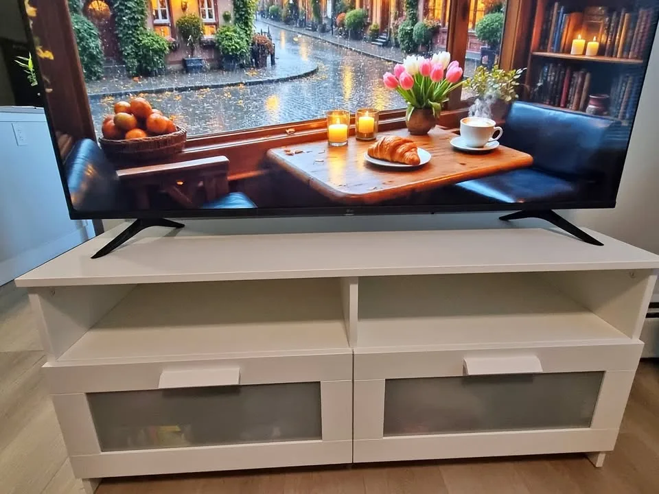 White IKEA TV Bench w/ Frosted Glass Drawers