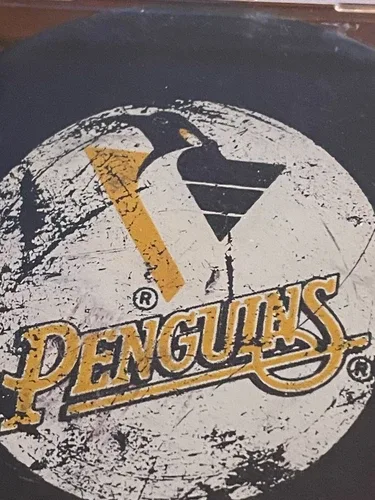 VINTAGE 1990s Pittsburgh penguins NHL GAME USED PUCK image indicator(4)
