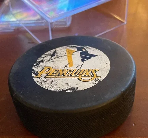 VINTAGE 1990s Pittsburgh penguins NHL GAME USED PUCK image indicator(8)