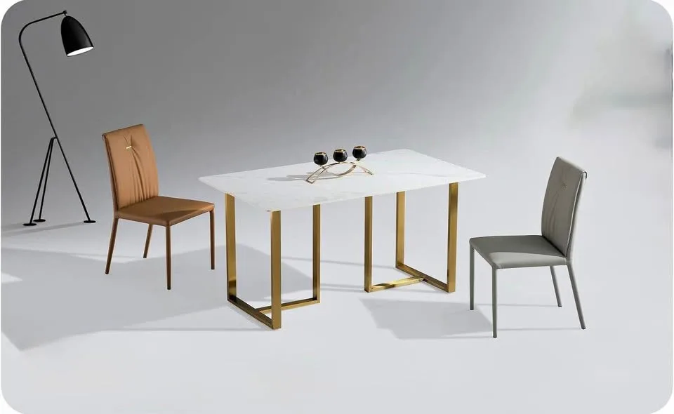 Modern Dining Table w/ White Sintered Stone Top & Gold Base thumbnail