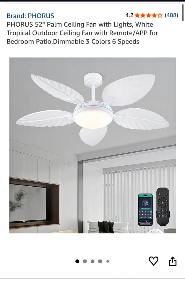 PHORUS 52" Palm Ceiling Fan with Lights, White Tropical Outdoor thumbnail