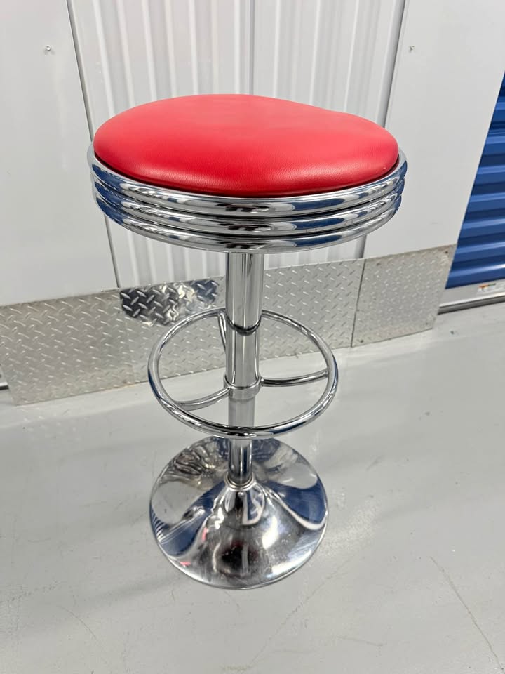 Retro Chrome Bar Stool With Red Seat And Hydraulics