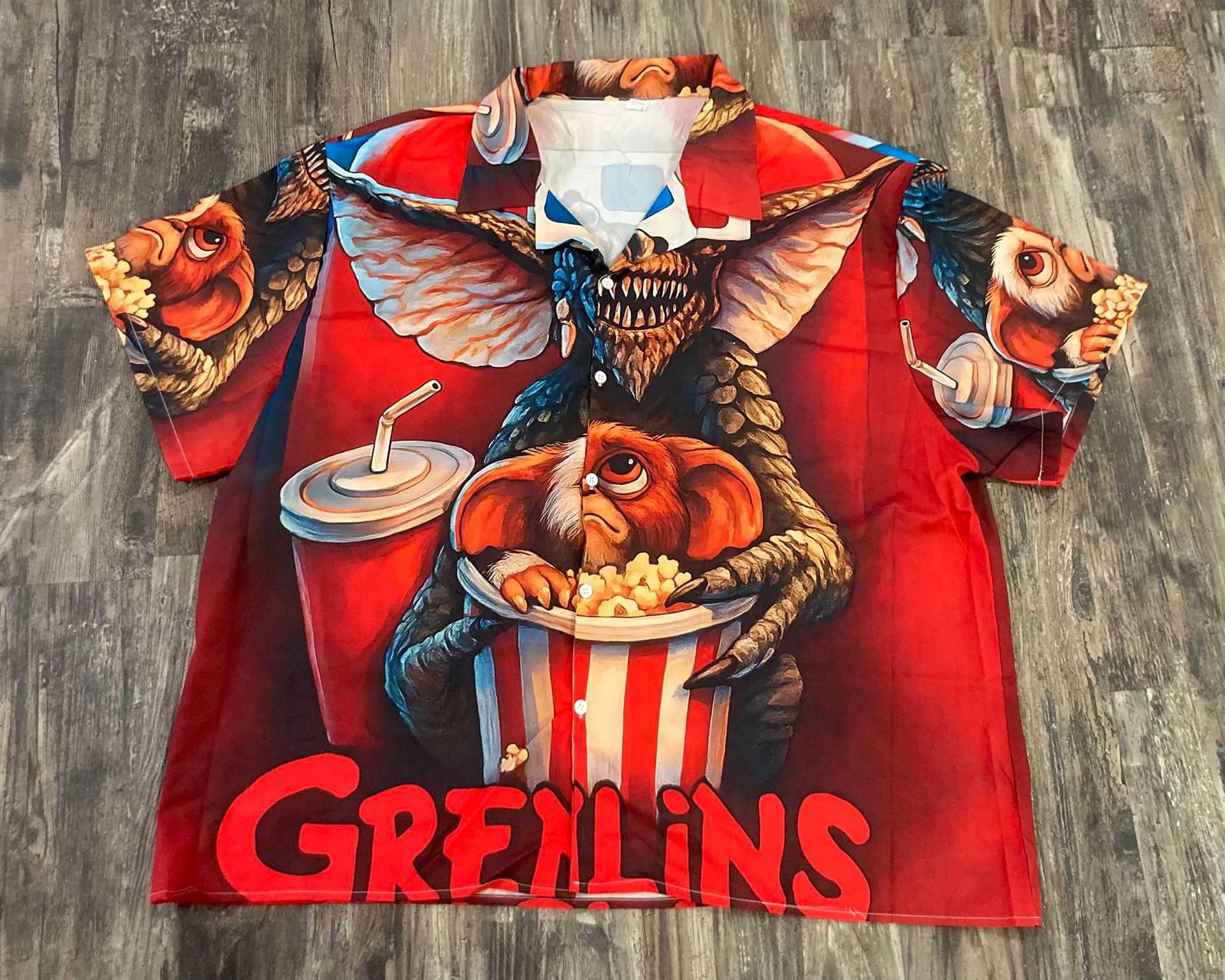 Gremlins All Over Print Gizmo & Spike Button Down Shirt Adult Si