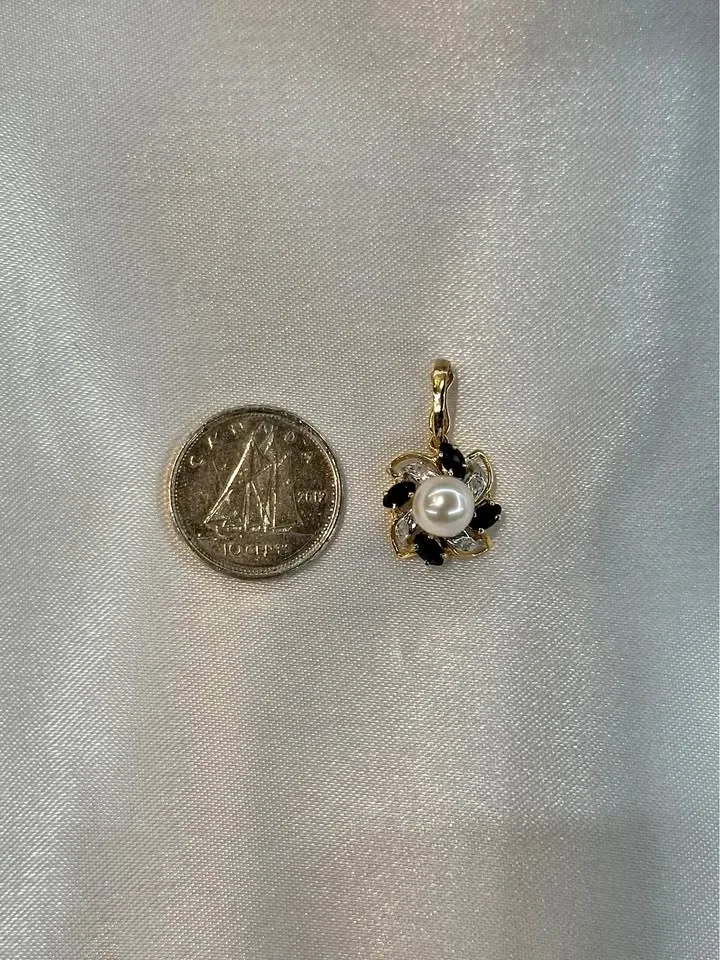 14k pearl, sapphire, diamond flower pendant/bracelet charm thumbnail