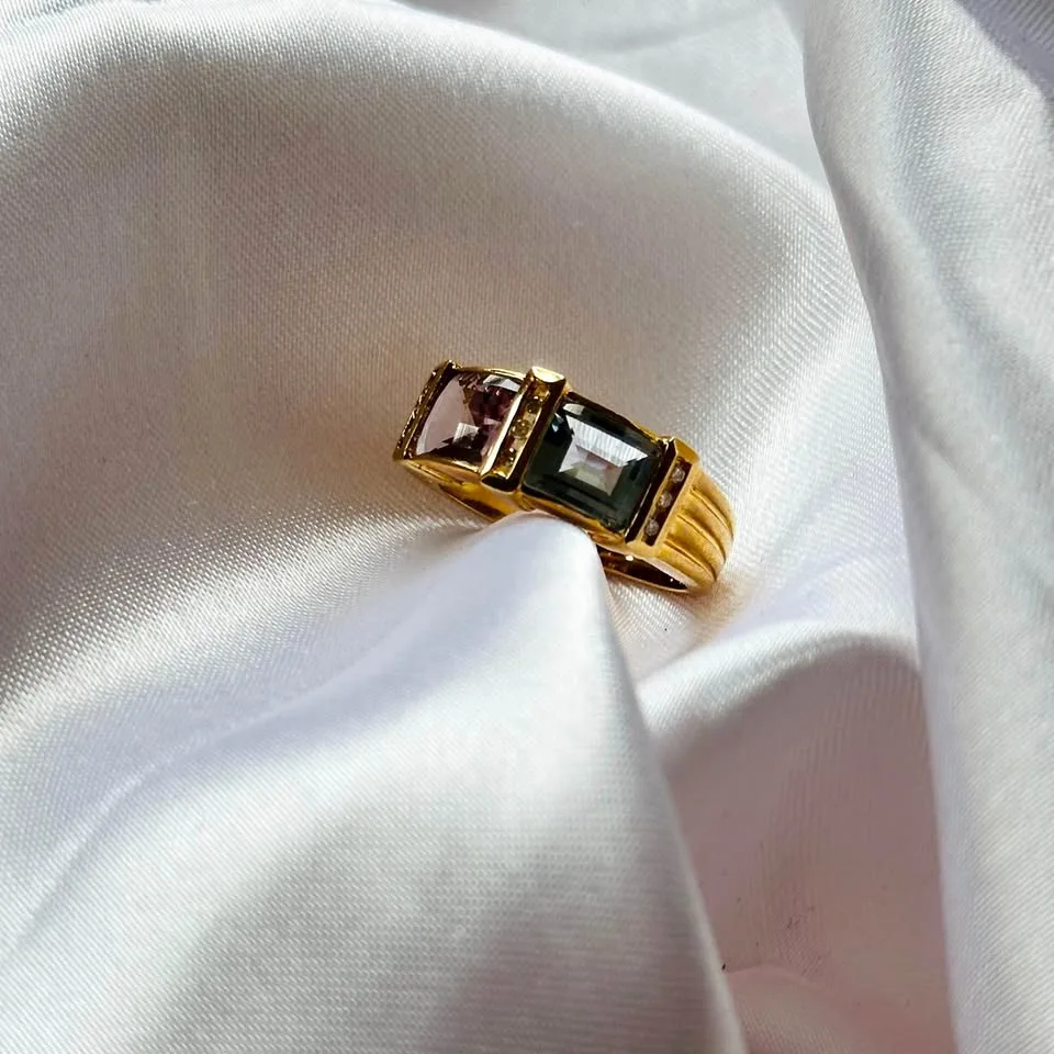 Birthstone 14k solid gold ring. Natural Diamonds, Amethyst and B thumbnail