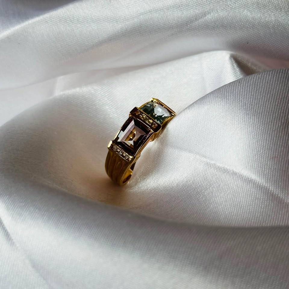 Birthstone 14k solid gold ring. Natural Diamonds, Amethyst and B - photo 2
