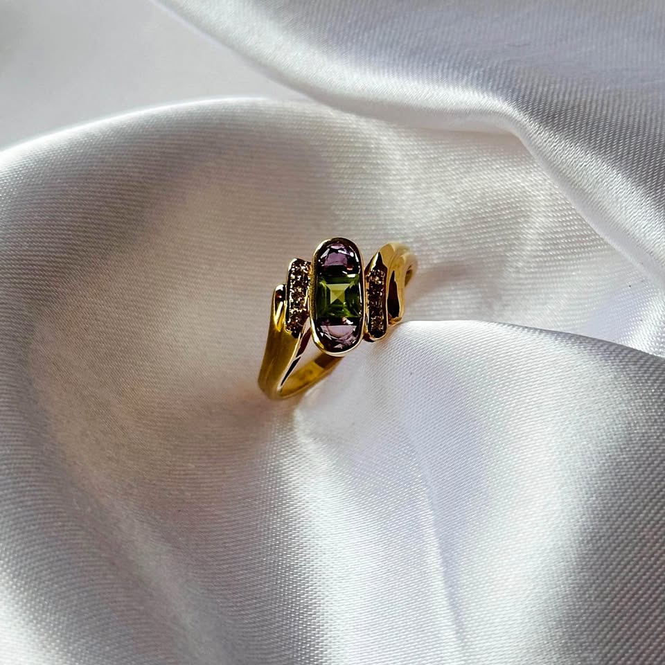 Birthstone 14k solid gold ring. Natural Diamonds, Amethyst and P