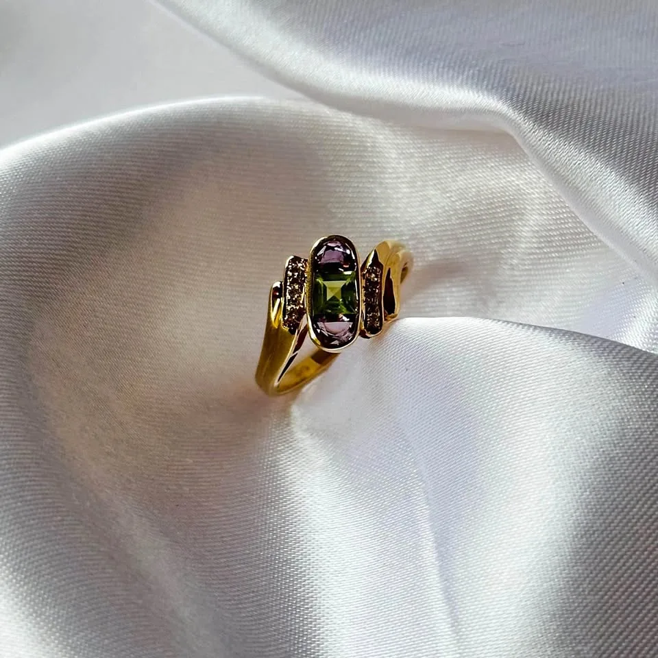 Birthstone 14k solid gold ring. Natural Diamonds, Amethyst and P thumbnail