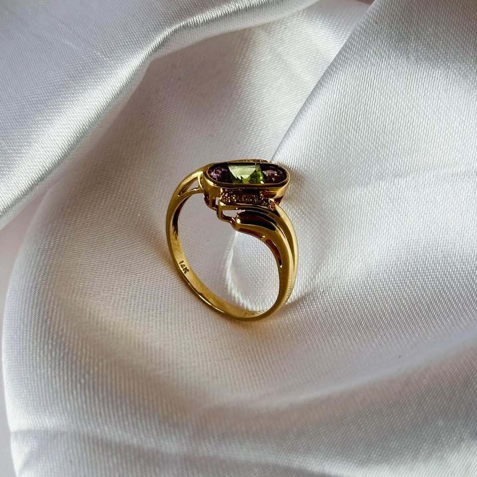Birthstone 14k solid gold ring. Natural Diamonds, Amethyst and P - photo 3