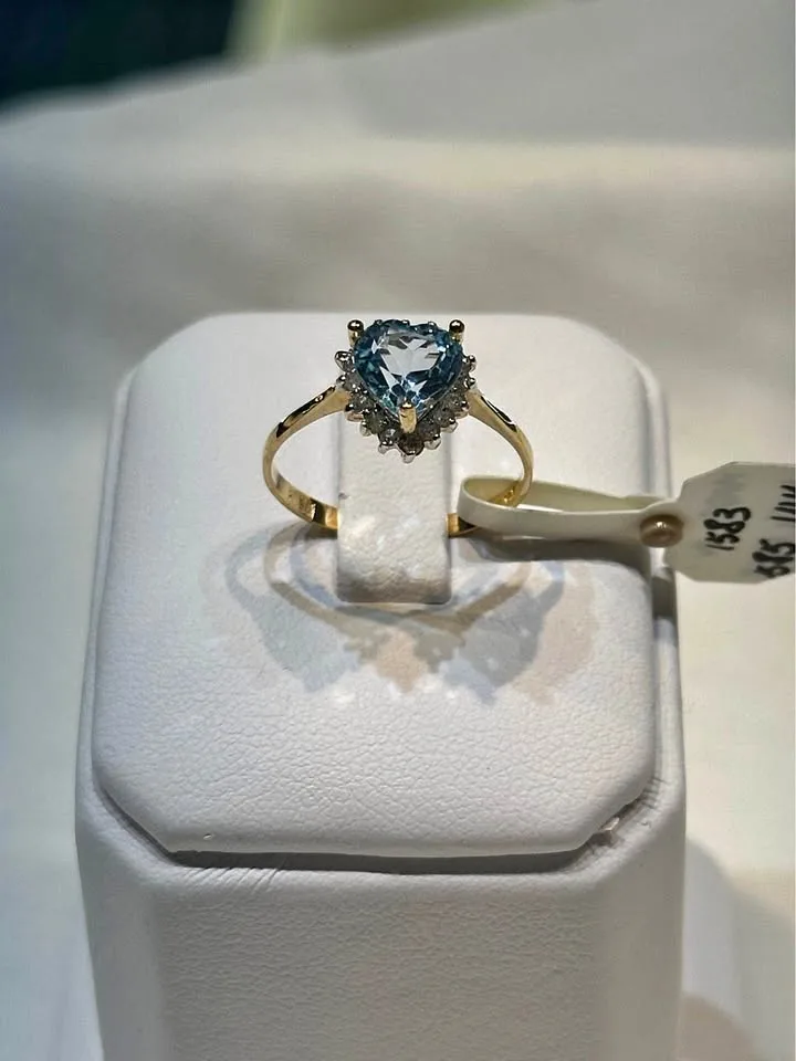Birthstone 14k gold Heart ring. Blue Topaz and Diamonds - Size 6 thumbnail
