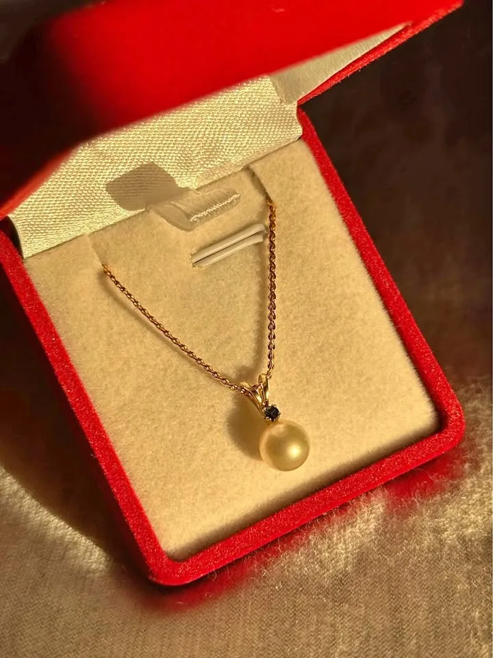 14k solid gold. Sapphire and Japanese Pearl Pendant and chain thumbnail