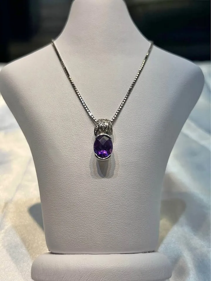 Birthstone 14k gold Amethyst and Diamond pendant thumbnail