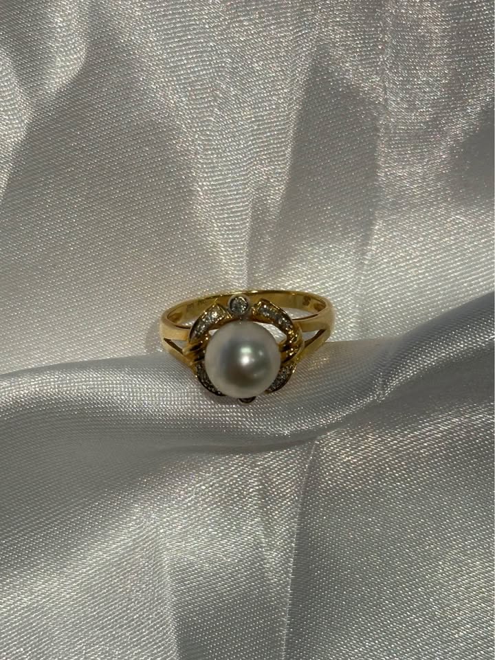 18k Solid Gold Pearl & Diamond Ring - Size 6 1/2 - photo 5