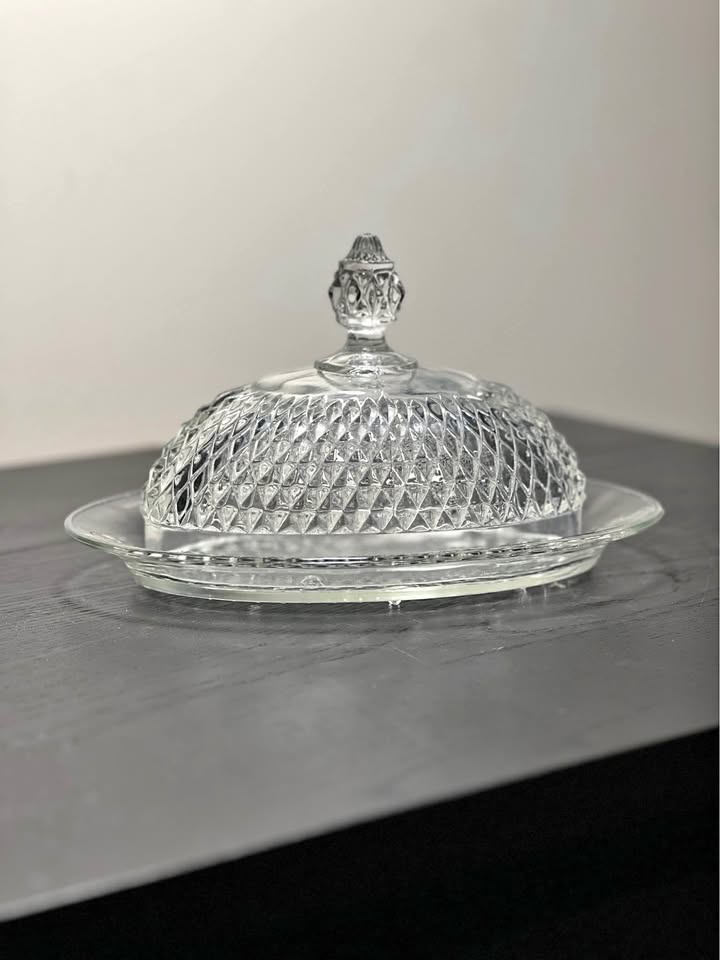 Vintage Indiana Glass Diamond Point Clear Covered Butter Dish