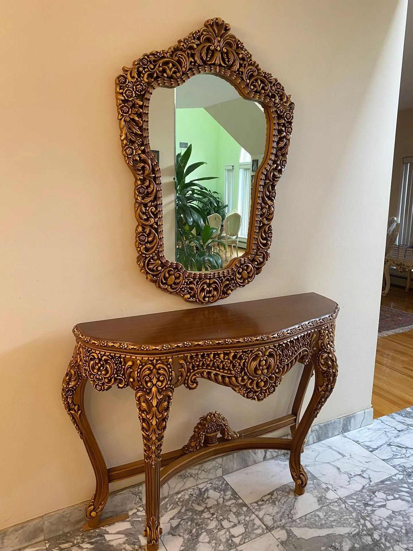 Hand-Carved Iranian Baroque-Style Gold Gilded Console Table & Wa thumbnail