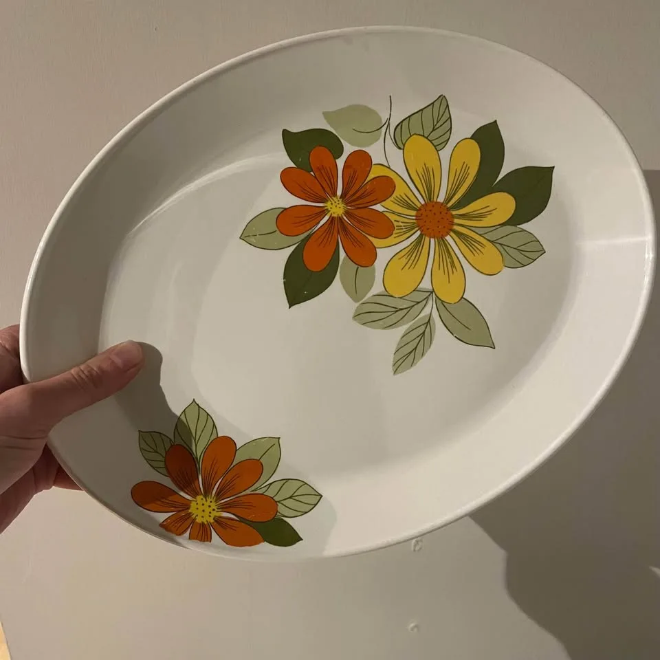 Vintage Floral Serving Platter - 70s Retro Ironstone