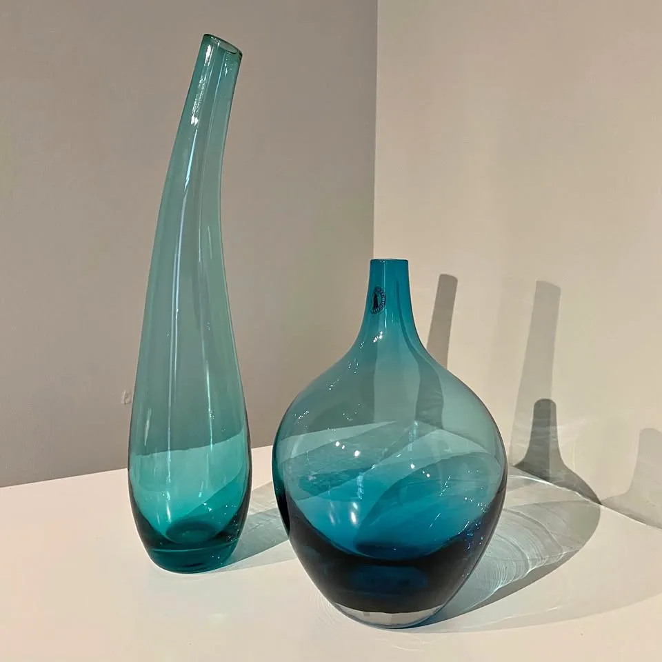Vintage hand blown turquoise blue glass vases
